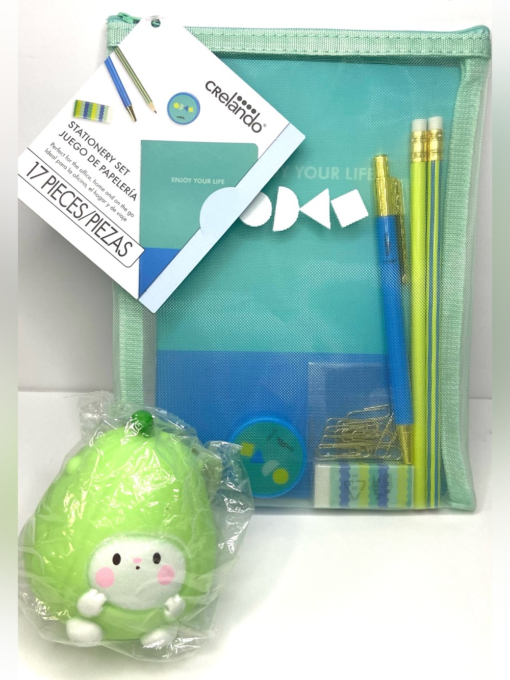 Kids 17-Piece Green & Blue Stationery Set with Green Plush Toy